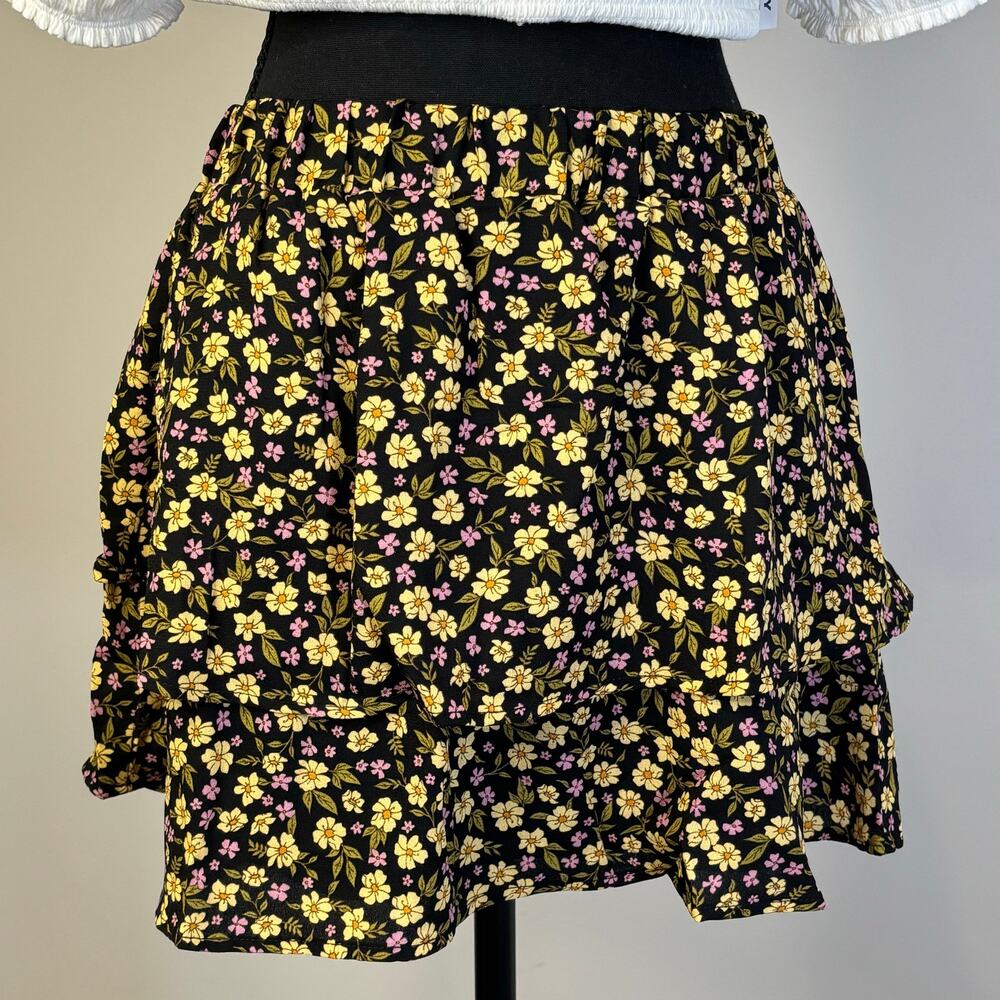 Black Floral Tiered Mini Skort 100% Cotton Yellow Pink Flowers Cottagecore